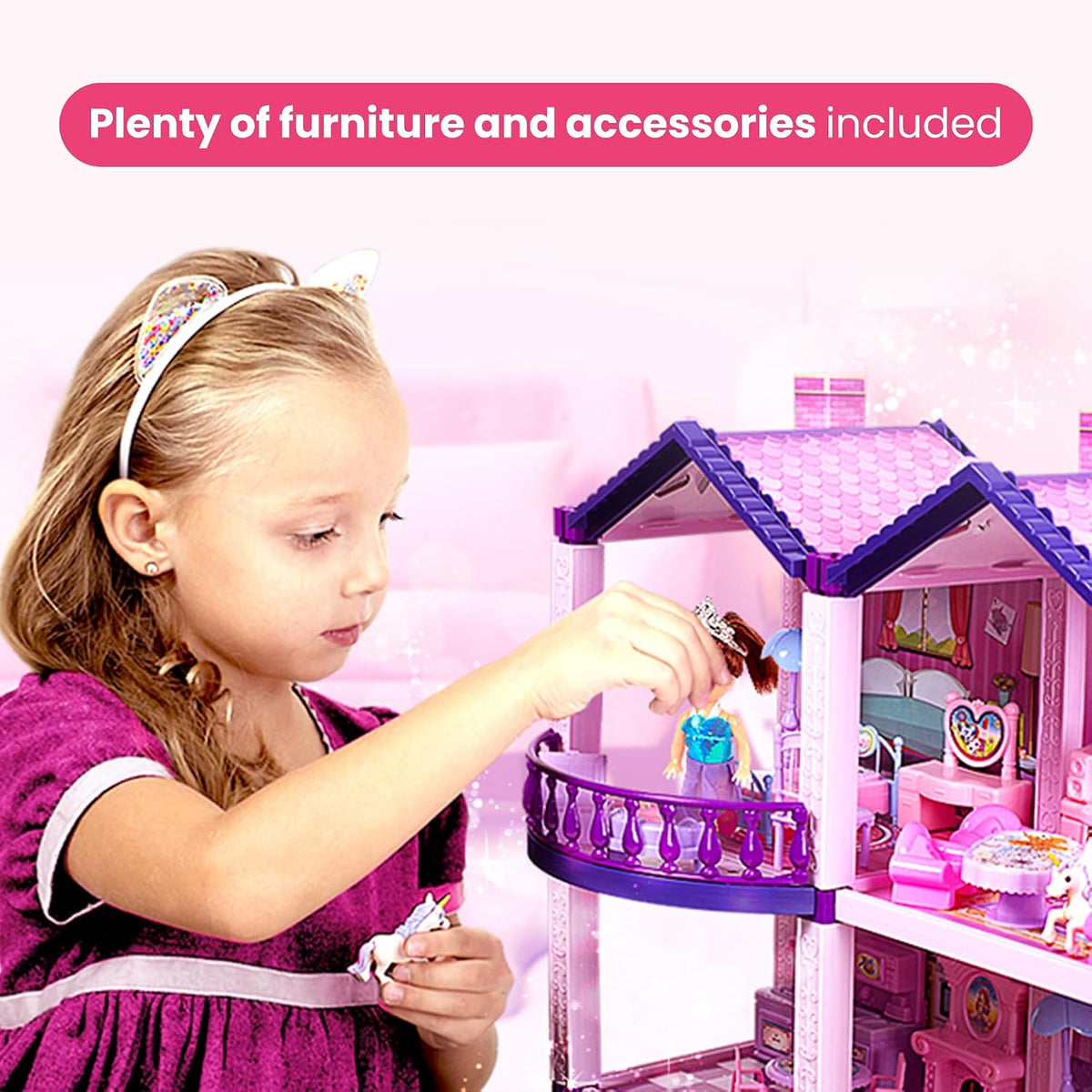 Casa de muñecas con 4 princesas, 4 unicornios, perro, muebles y acc...