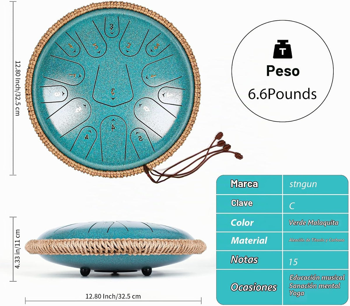 Tambor de lengua de acero de 13 pulgadas, 15 notas, C mayor 440 Hz...