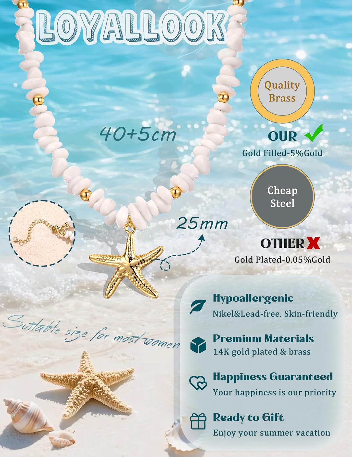 LOYALLOOK Collar de estrella de mar de concha para mujer, chapado e...