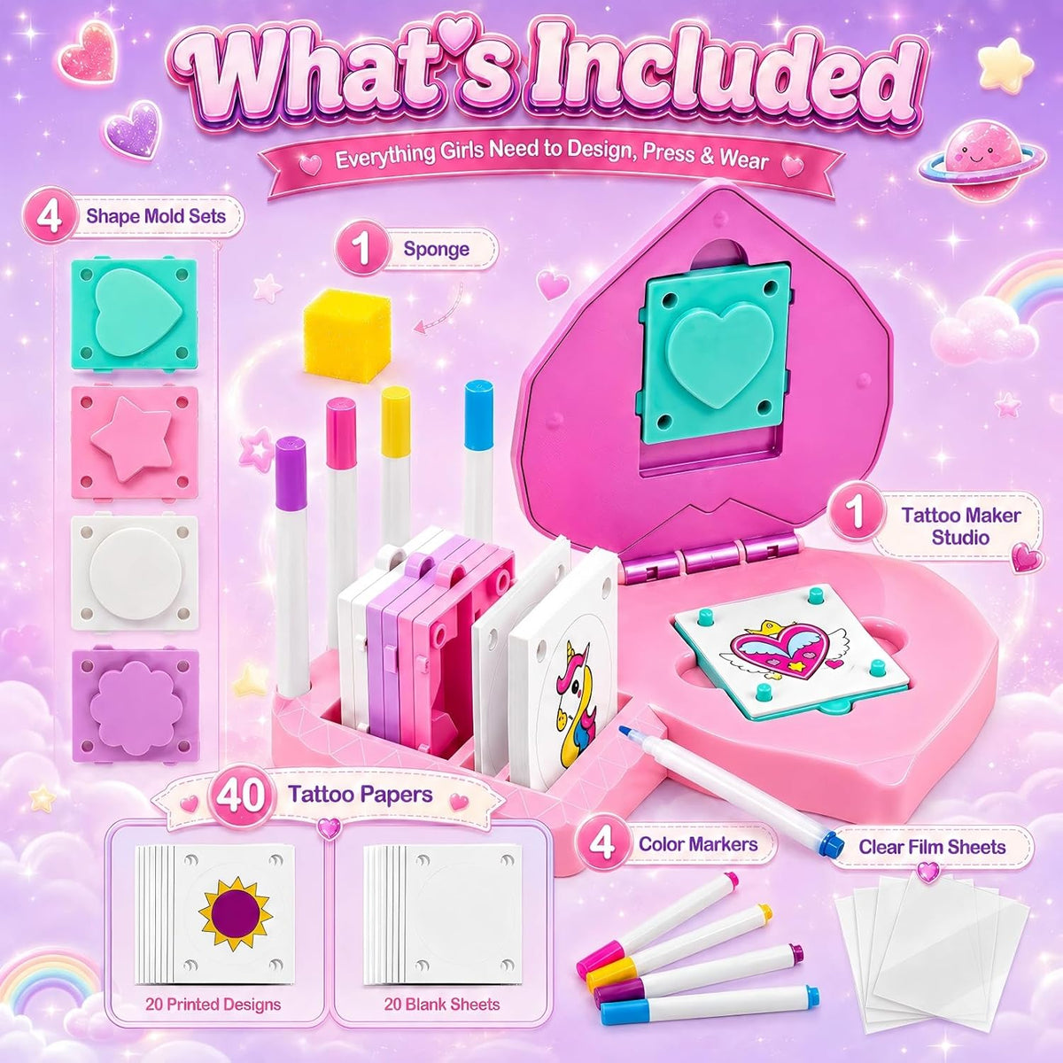 Kit de tatuaje temporal para niñas, kit de tatuaje para niños con 4...