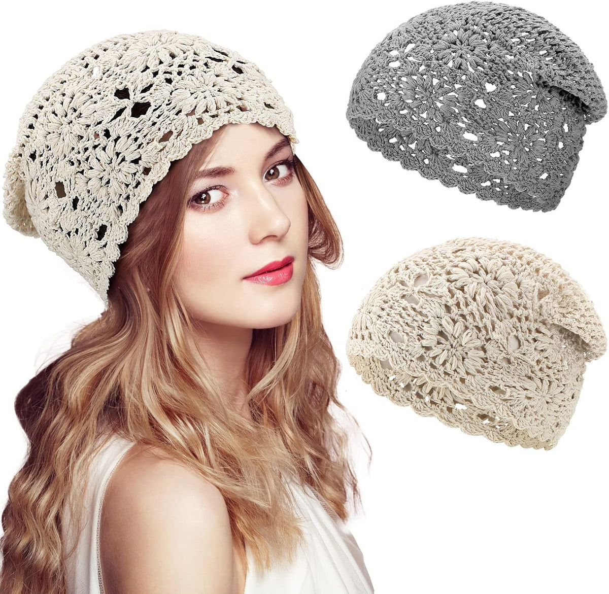 2 piezas de gorro holgado de ganchillo floral hecho a mano con cort...