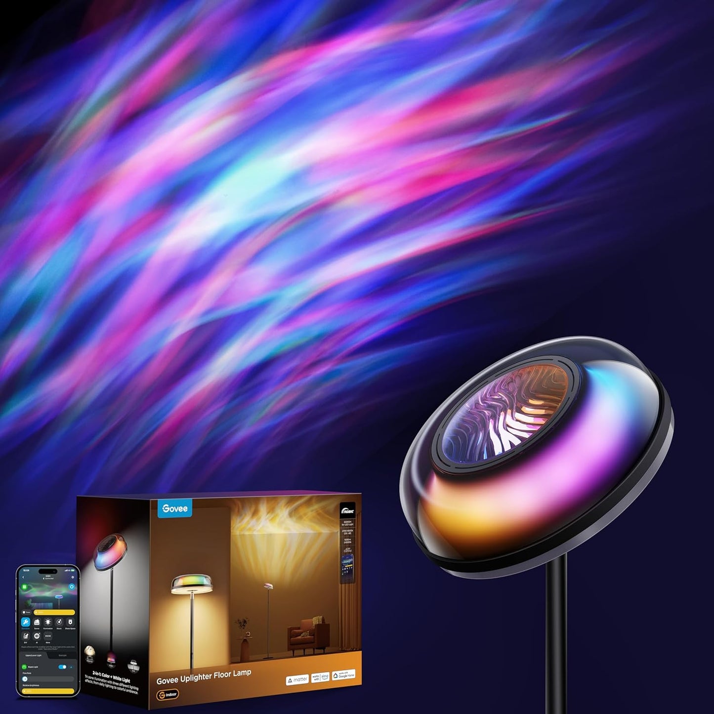 Govee Lámpara de pie Uplighter para sala de estar, proyector de ond...