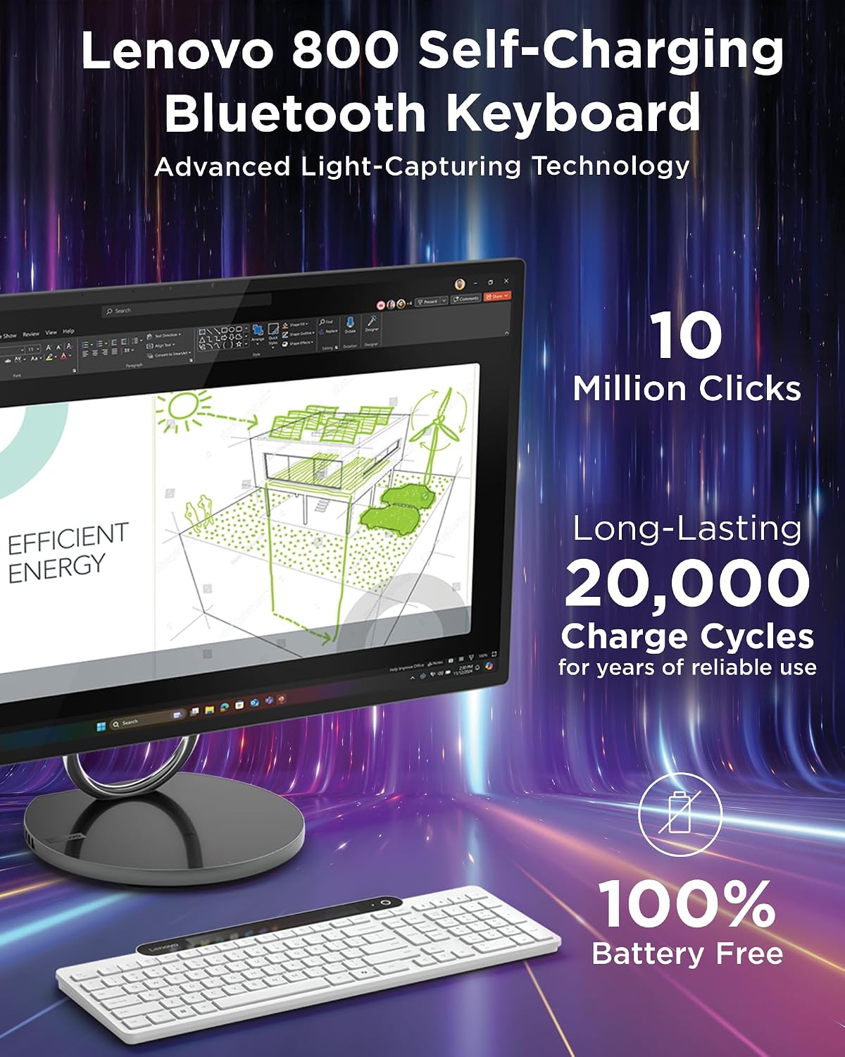 Lenovo 800 Teclado Bluetooth Autocargable, Utiliza Luz Ambiental pa...