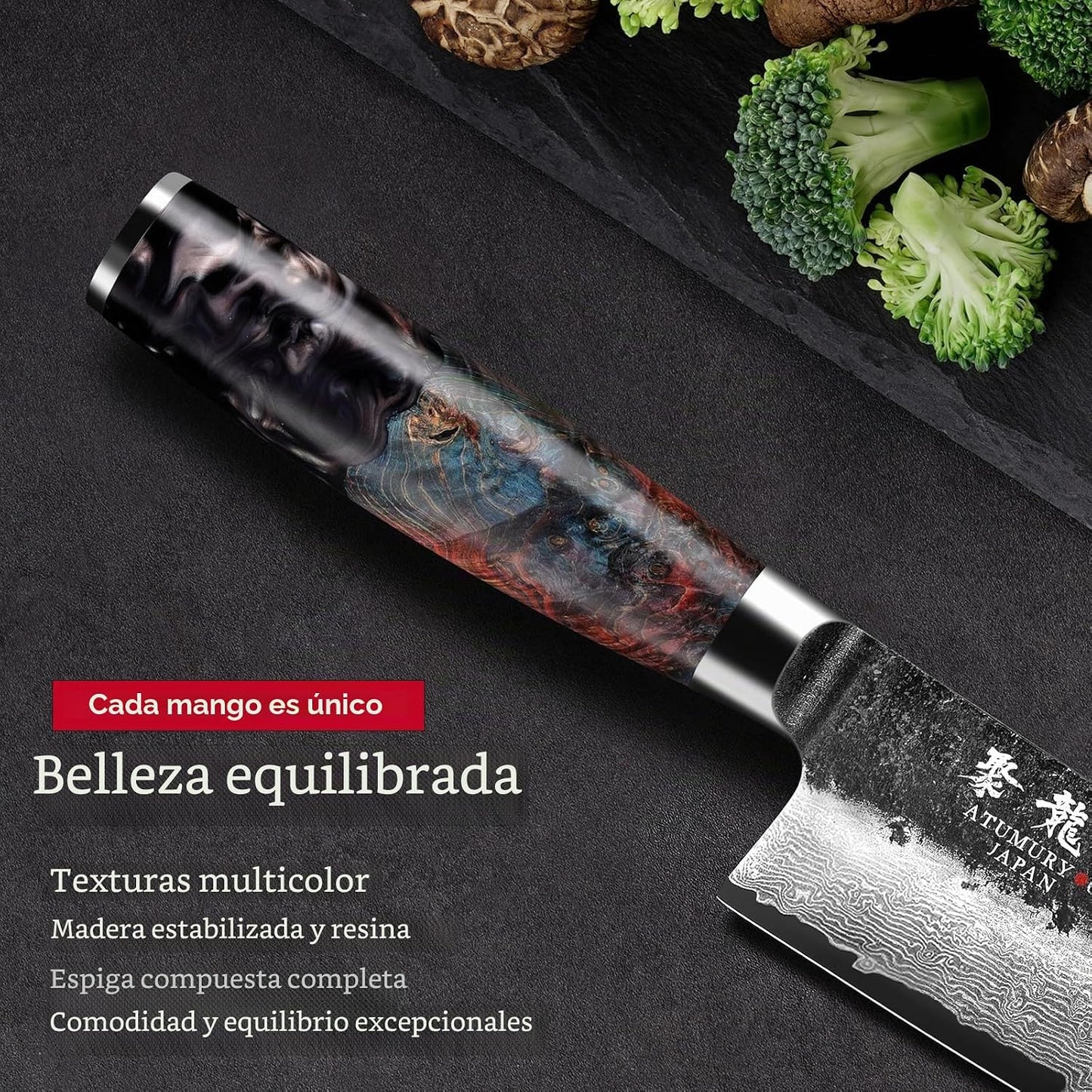 Cuchillo japonés Santoku de 7 pulgadas, núcleo de acero de Damasco...