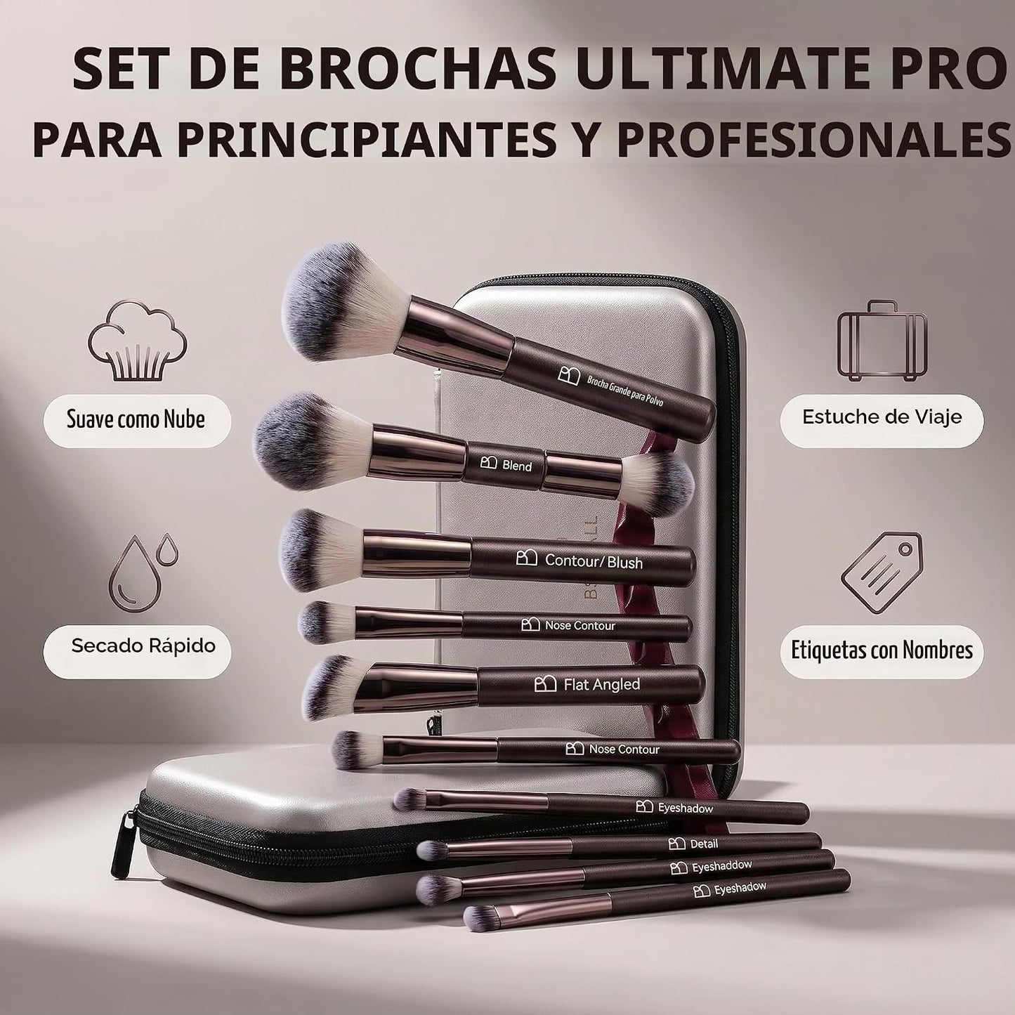 Juego de brochas de maquillaje profesional con estuche de viaje, 20...