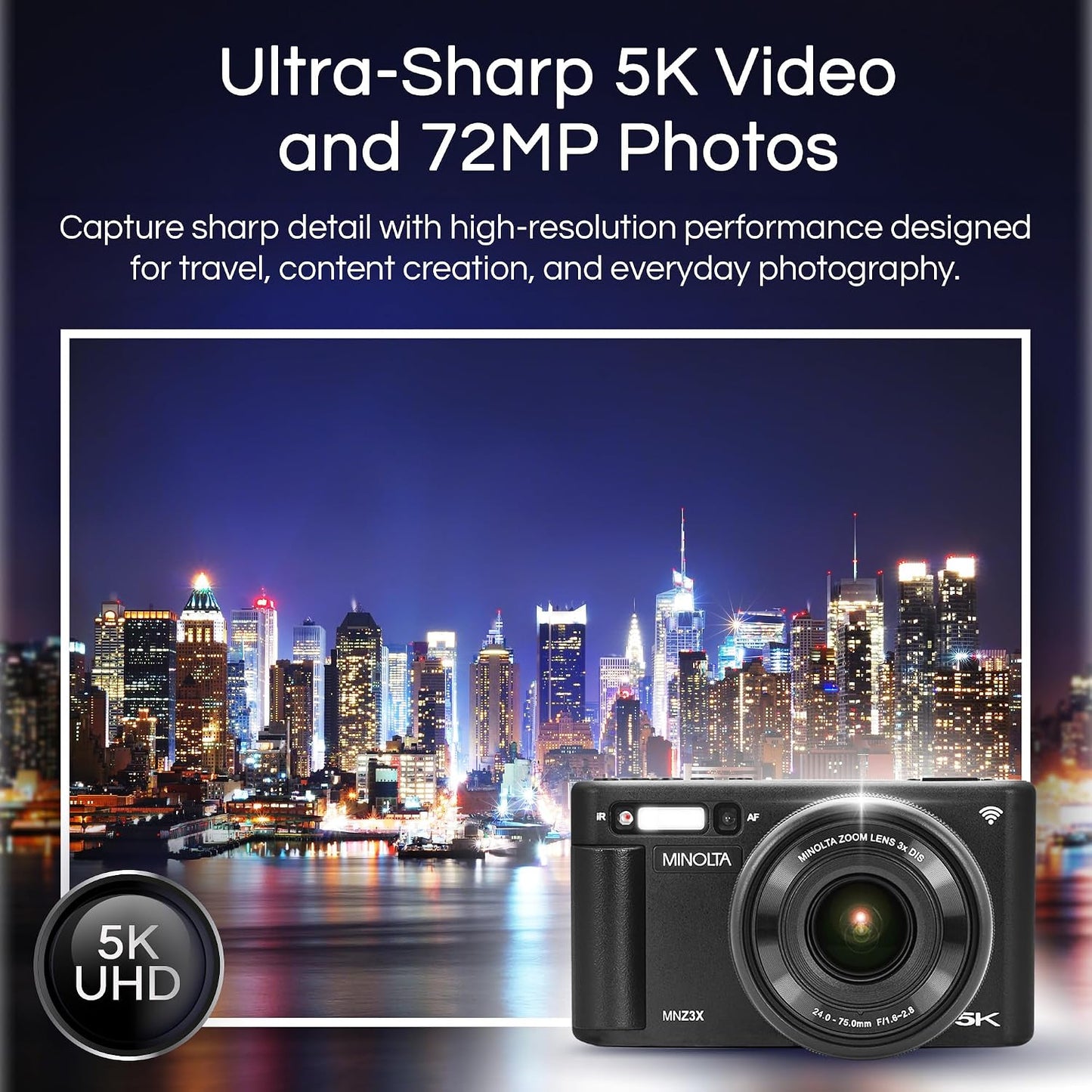 Minolta Cámara digital de 72 MP, video 5K Ultra HD, lente de zoom ó...