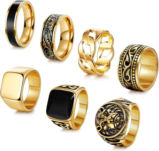 AFSITNIG - Juego de 7 anillos de acero inoxidable vintage para homb...