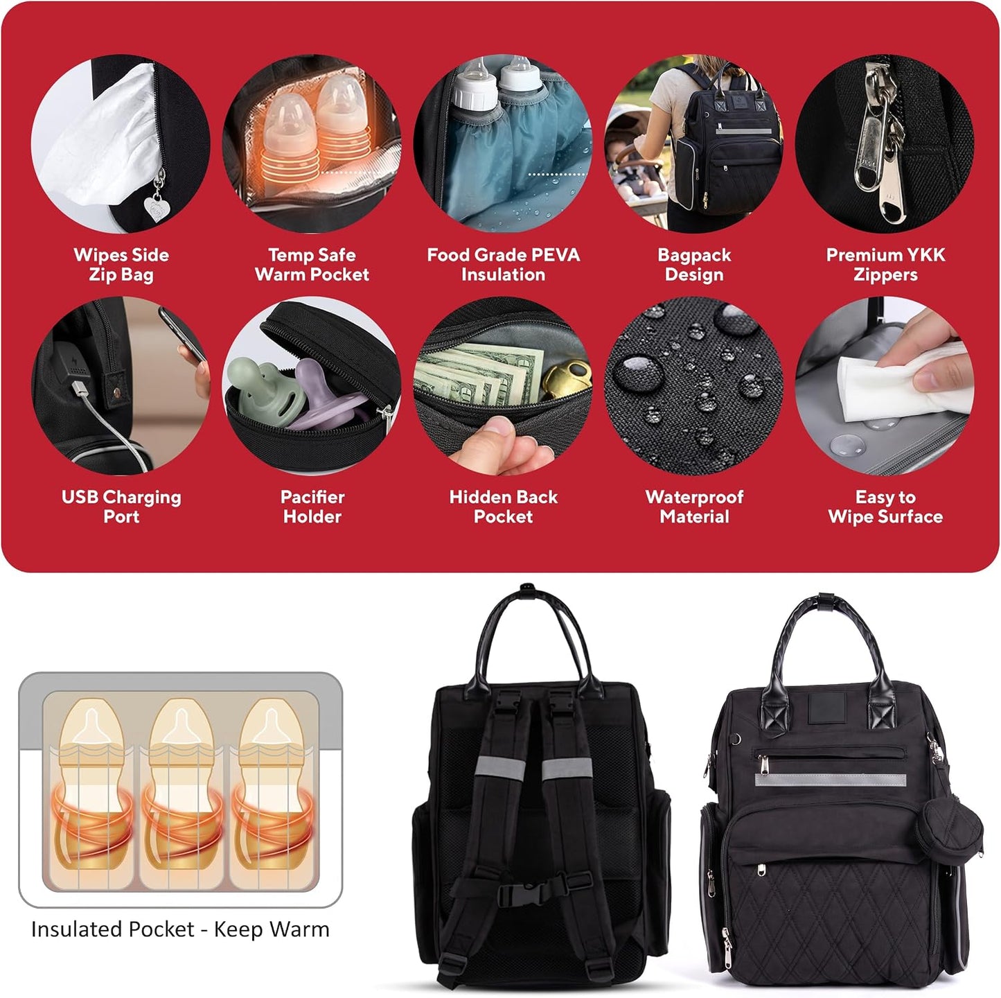 Bolsa de pañales para bebé premium con cambiador, mochila para paña...