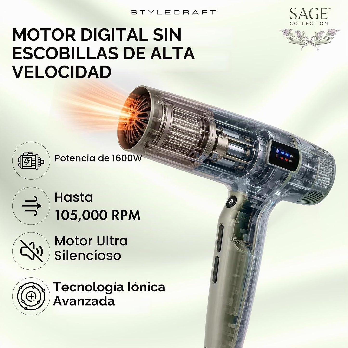 StyleCraft Sage Secador de pelo profesional ligero con 2 boquillas...