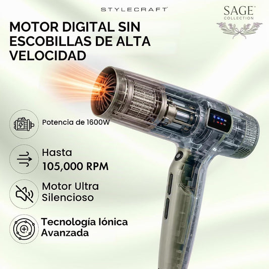 StyleCraft Sage Secador de pelo profesional ligero con 2 boquillas...