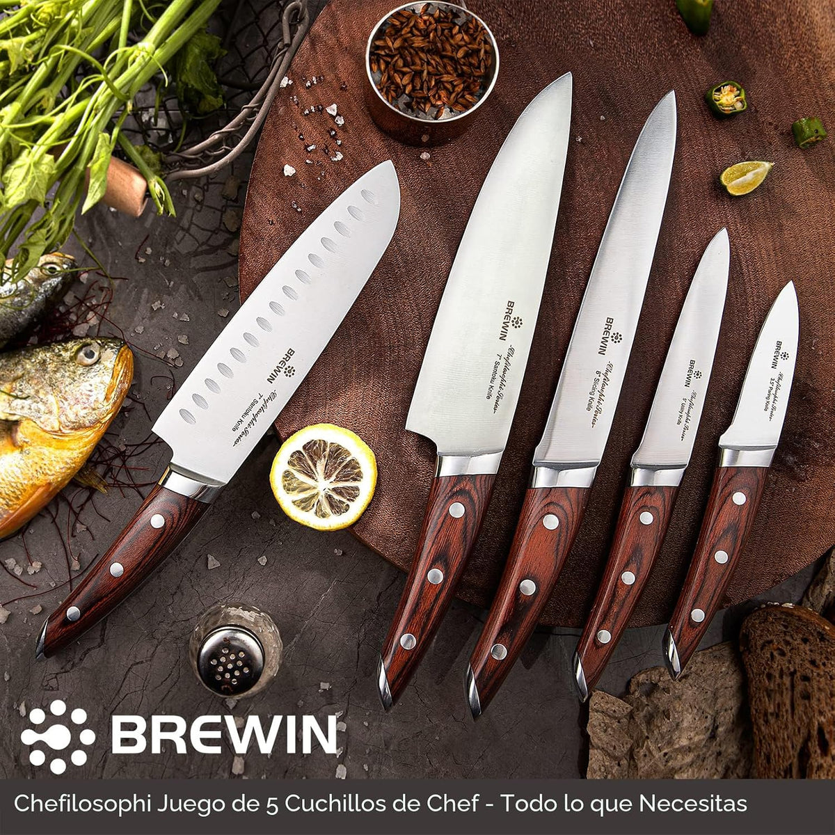 Brewin CHEFILOSOPHI - Juego de 5 cuchillos de chef japoneses con el...