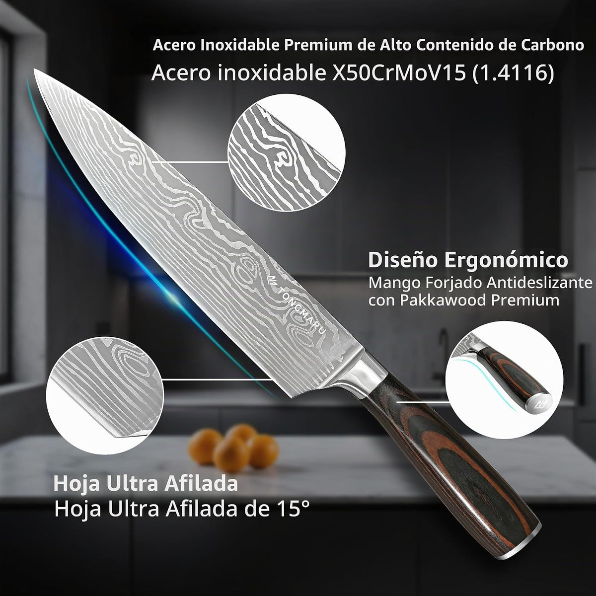 Juego de cuchillos de chef de cocina profesional, Razor Sharp de ac...