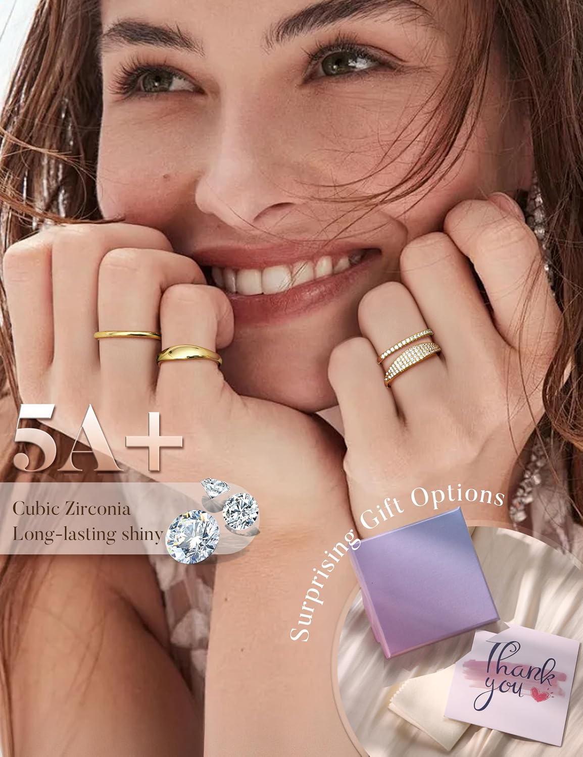LOLIAS Anillos apilables chapados en oro de 14 quilates para mujer...