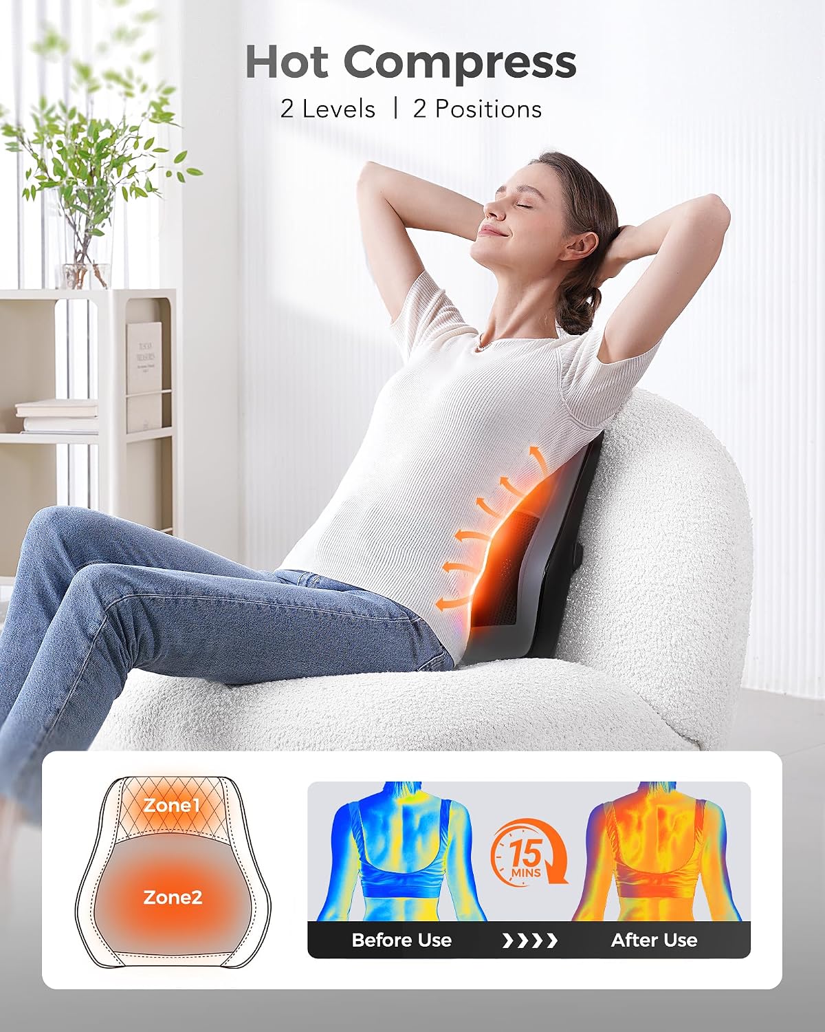 Boriwat Masajeador de espalda con calor, almohada de masaje 3D para...
