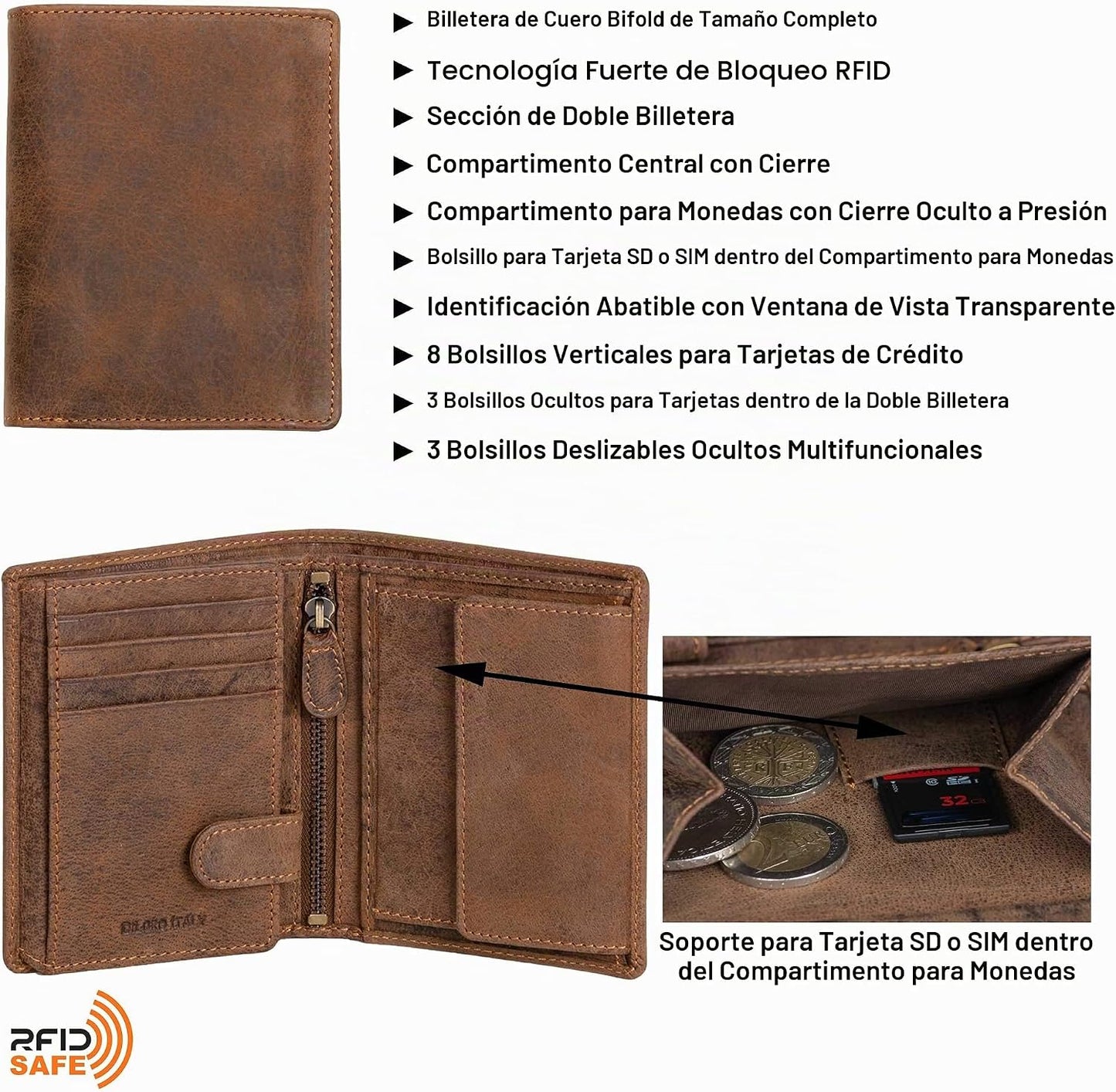 DiLoro Billetera de cuero genuino de grano completo para hombre, ta...