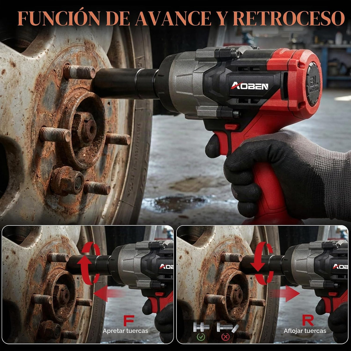 AOBEN Llave de impacto inalámbrica 1500N.m, pistola de impacto resi...