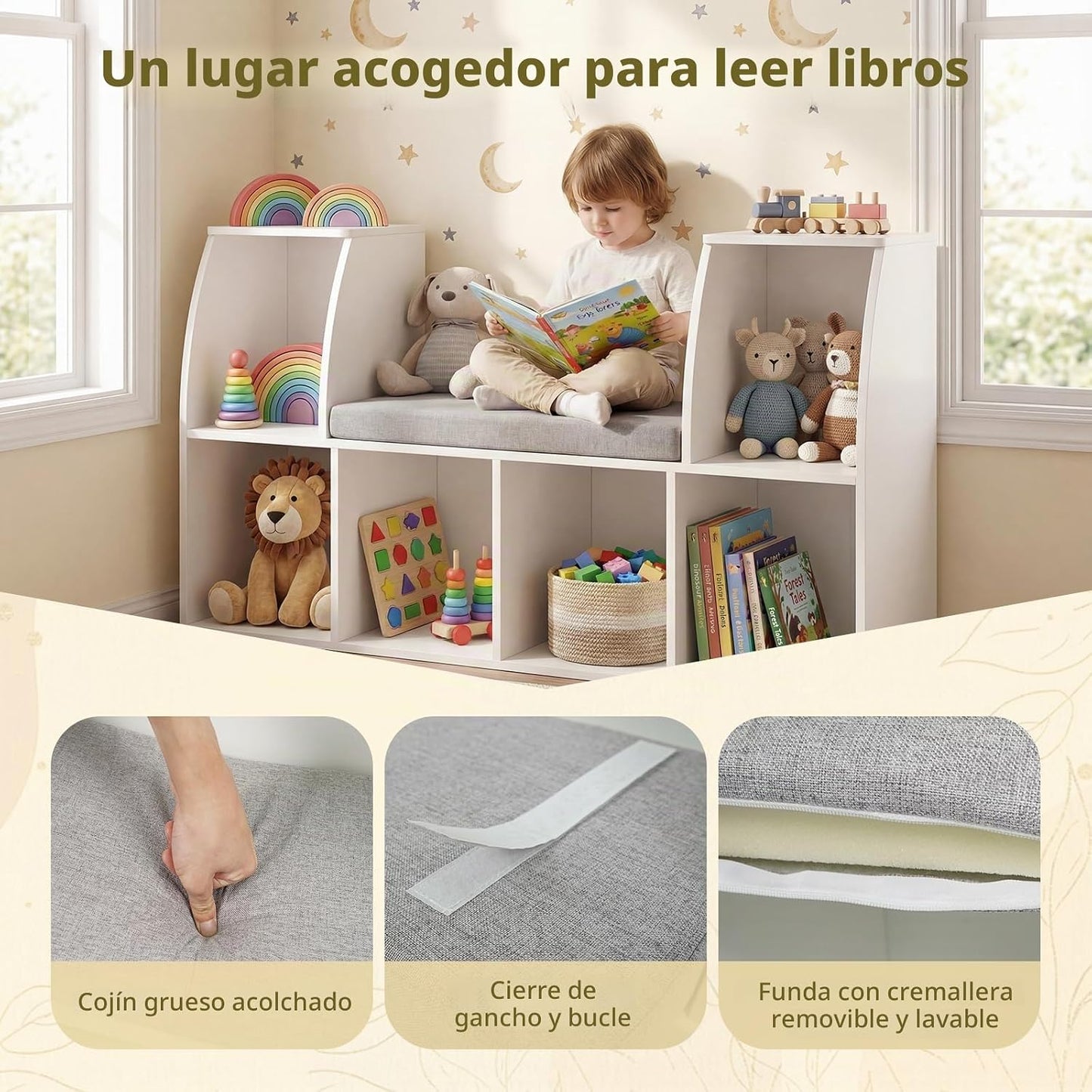 Costzon Estantería infantil con rincón de lectura, organizador de a...