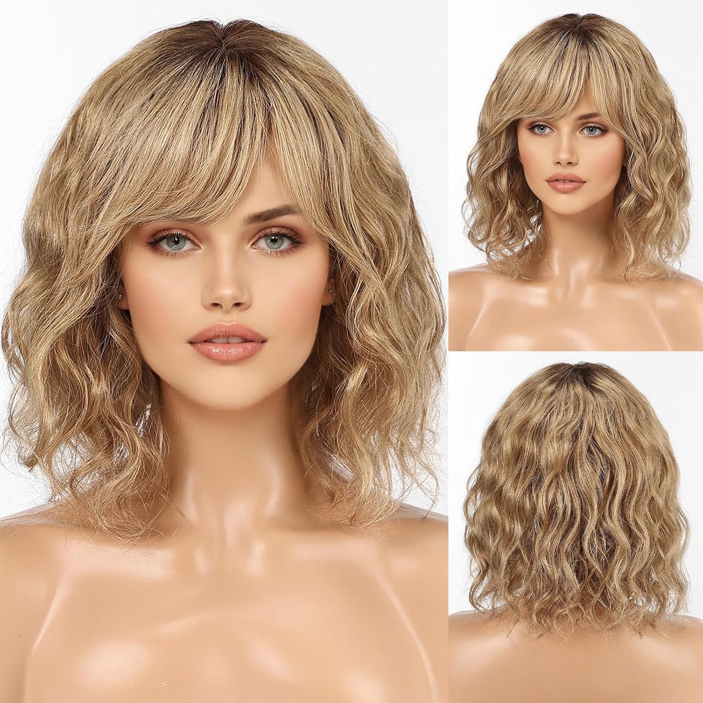KKU Pelucas de cabello humano ondulado de 12 pulgadas para mujer, p...