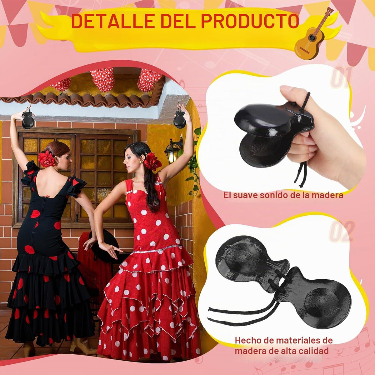 Motionchic Paquete de 2 castañuelas españolas de flamenco con cuerd...