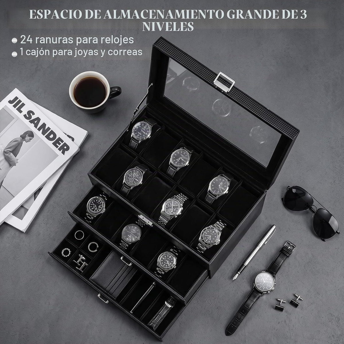 ProCase Caja de reloj de 3 capas con tapa de vidrio para hombre, 24...