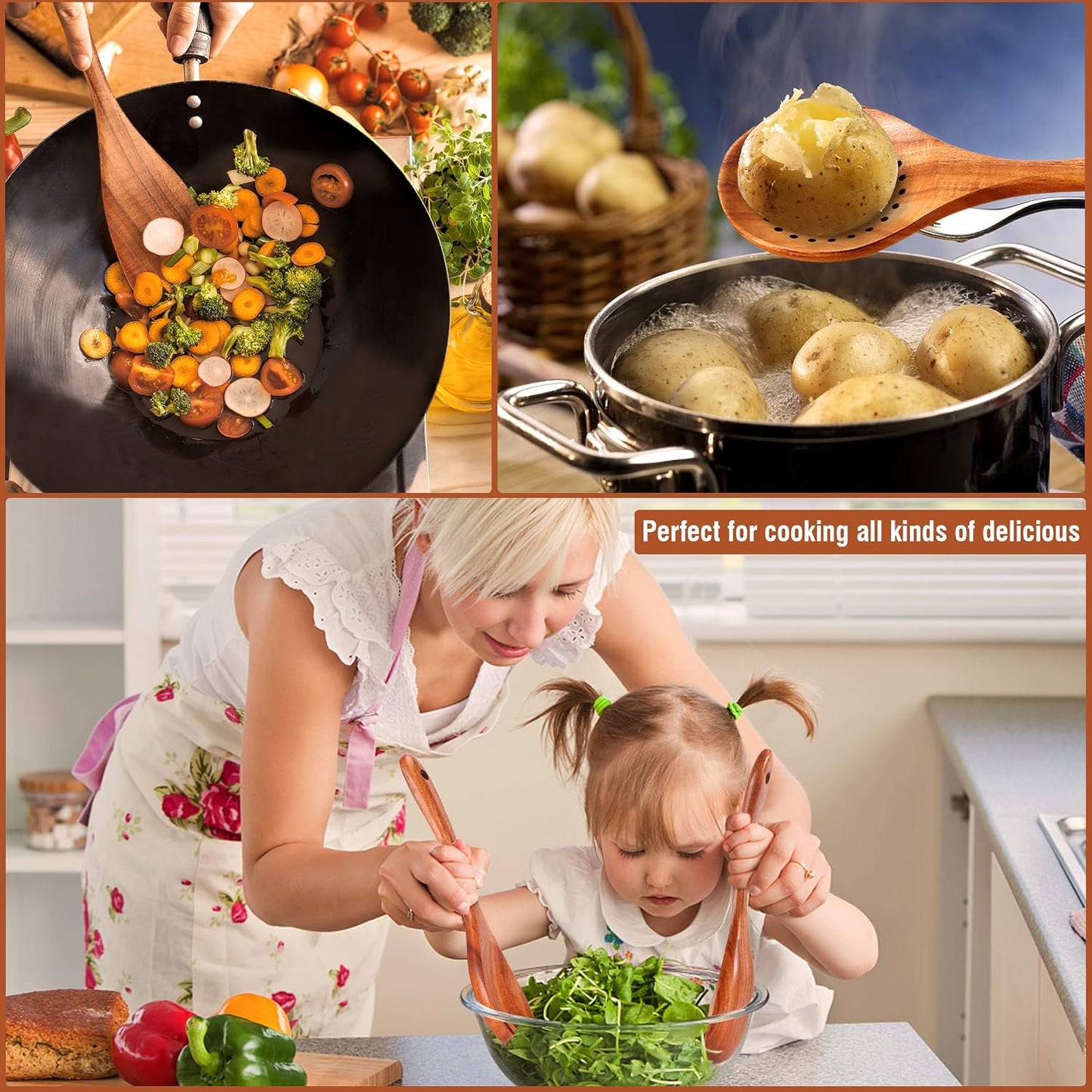 Mooues - Juego de utensilios de cocina de madera, 15 piezas, teca n...