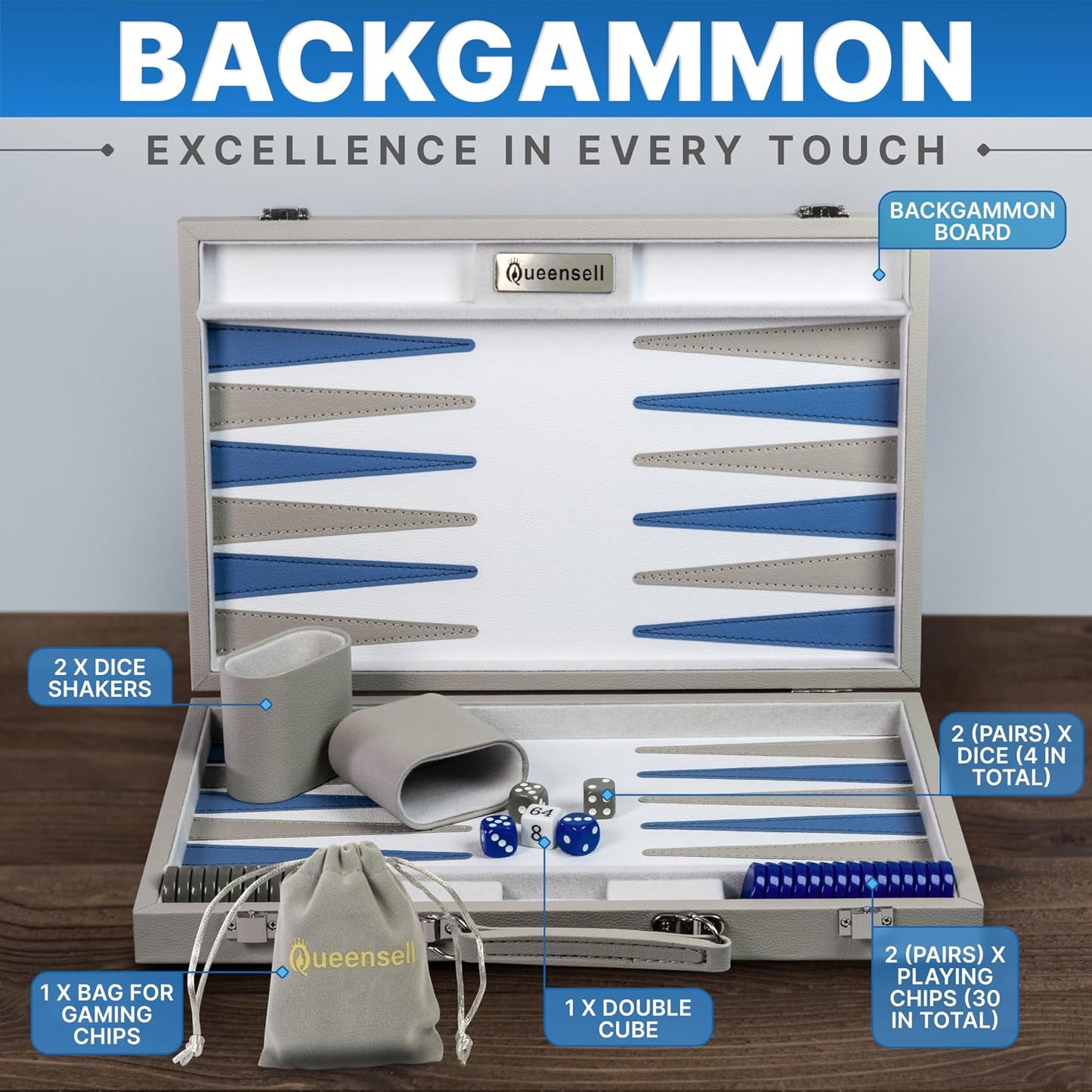 Juego de backgammon gris grande para adultos, juego de mesa clásico...