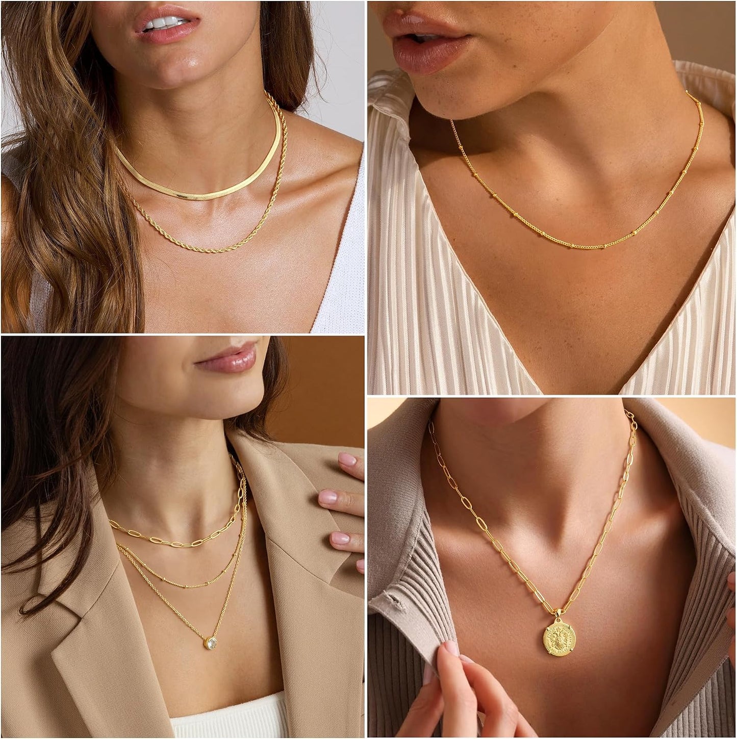M MOOHAM Collares de oro en capas para mujer, chapado en oro de 14...
