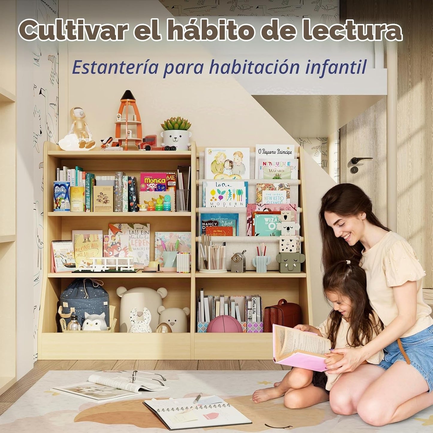 IKALIFE Estantería de madera grande para niños de 39" y organiz...