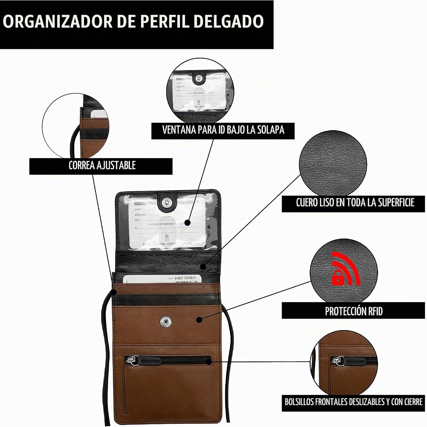 ili New York 6827 Organizador cruzado de cuero genuino con forro de...