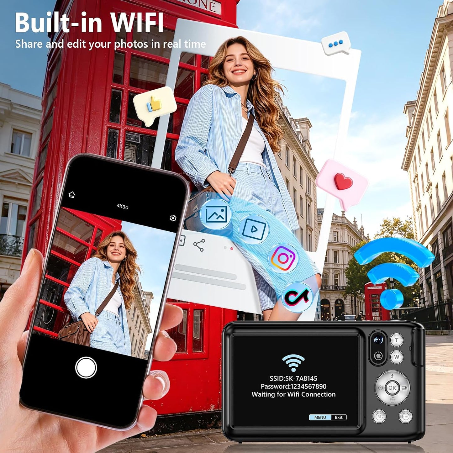 Cámara digital 5K para fotografía con WiFi, zoom óptico 6X, enfoque...