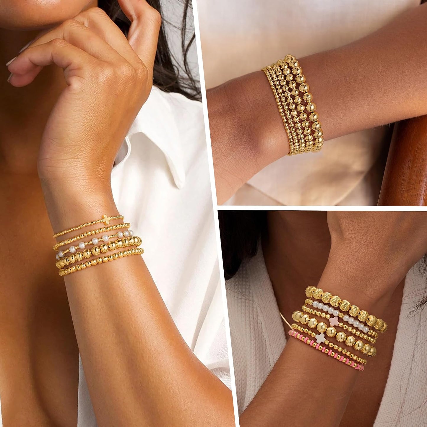 Yoosteel Juego de pulseras de cuentas de oro para mujeres, adolesce...