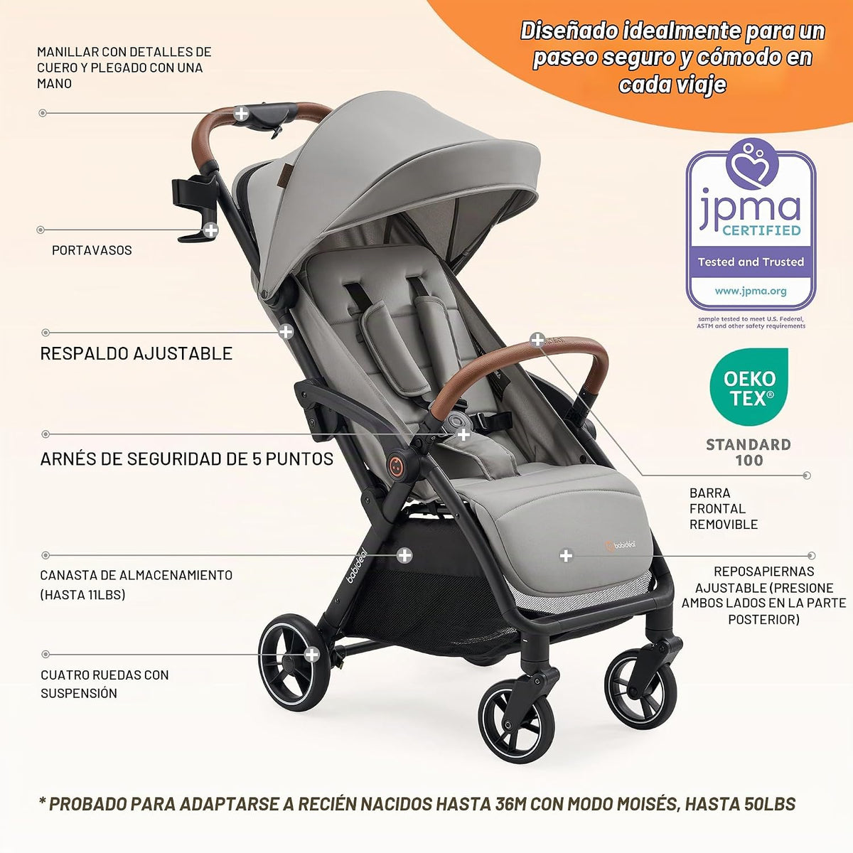Babideal Cochecito de viaje ligero para bebé, cochecito auto plegab...