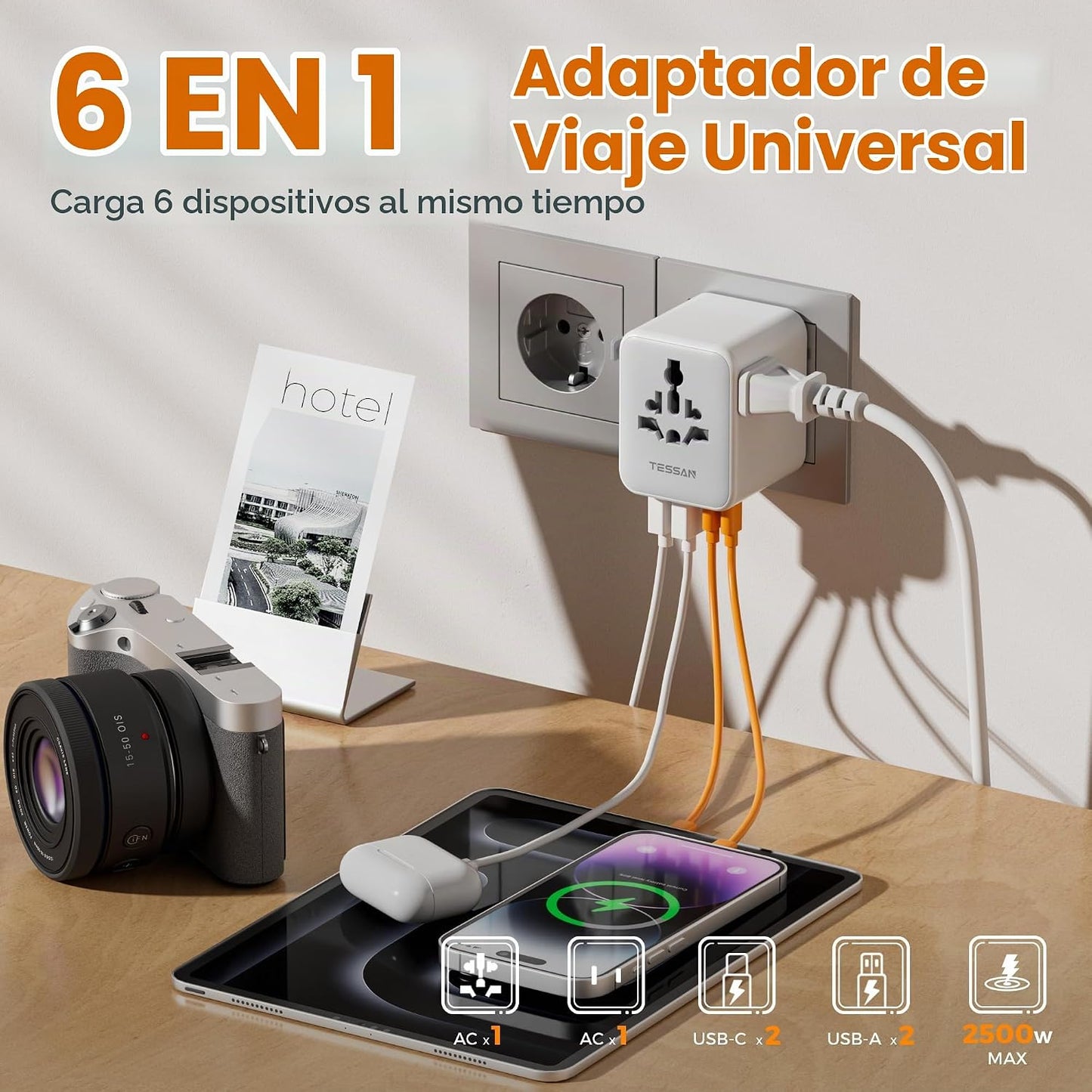 Adaptador universal de viaje TESSAN, adaptador de corriente en todo...
