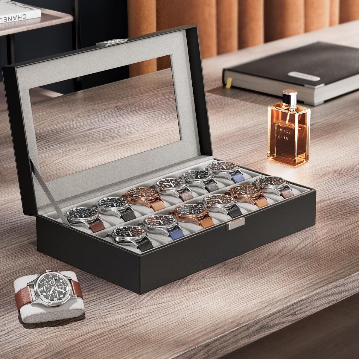 ProCase Organizador de caja de reloj, vitrina de 12 ranuras para re...