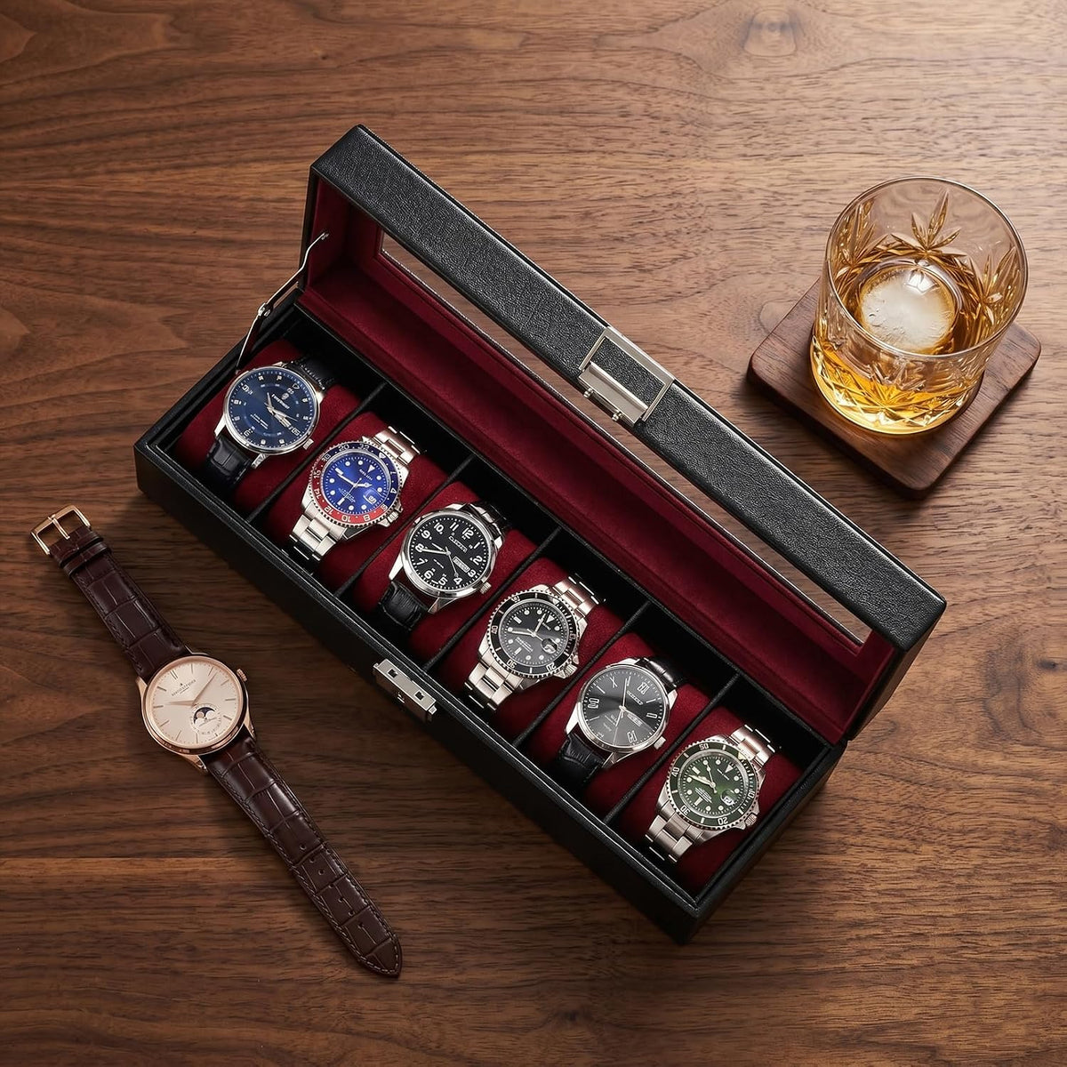 ProCase Caja de reloj con 6 ranuras para hombre, color vino | Organ...