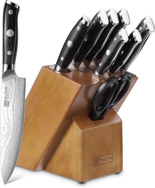 PAUDIN Juego de cuchillos con afilador integrado, 10 cuchillos de c...