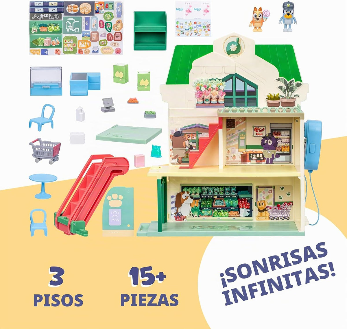 Bluey y juego de supermercado de bingo, escaleras mecánicas y sonid...
