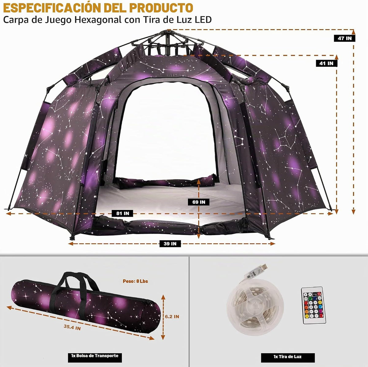 Tienda de campaña hexagonal portátil para niños con tira de luces L...