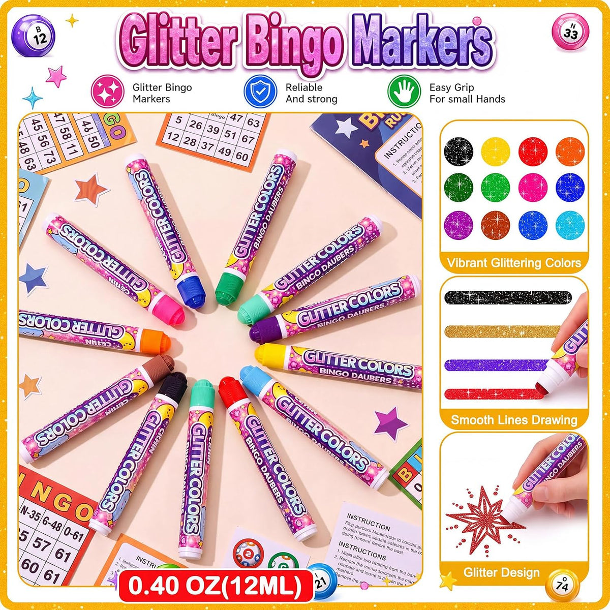 Crtiin Paquete de 96 Daubers de bingo con purpurina, 12 colores de...
