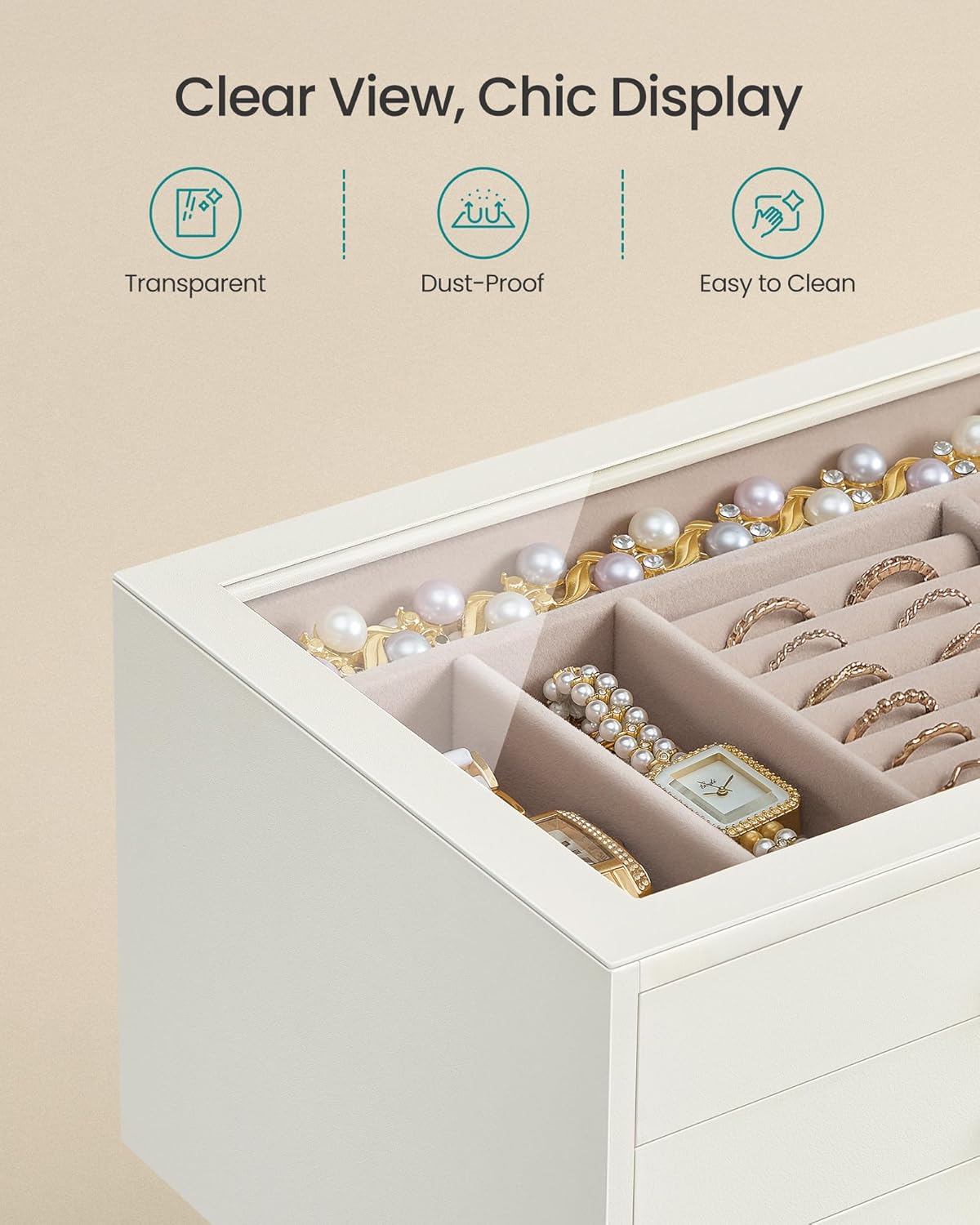 SONGMICS Joyero de 3 capas con ventana de cristal, organizador de a...