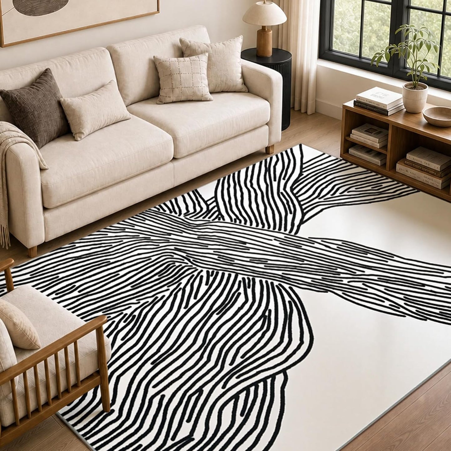 Alfombra lavable de 6 x 9 pies, color blanco crema y cebra, para sa...