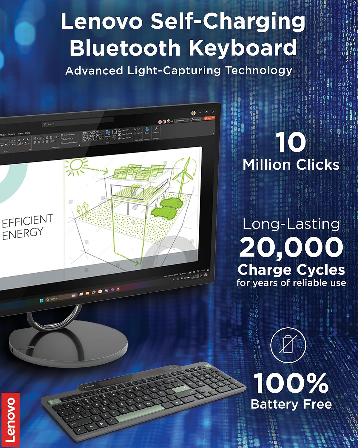Lenovo 800 Teclado Bluetooth Autocargable, Utiliza Luz Ambiental pa...