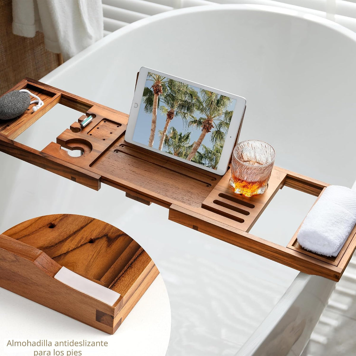 Realgulf - Bandeja de bañera de teca, organizador de baño de madera...