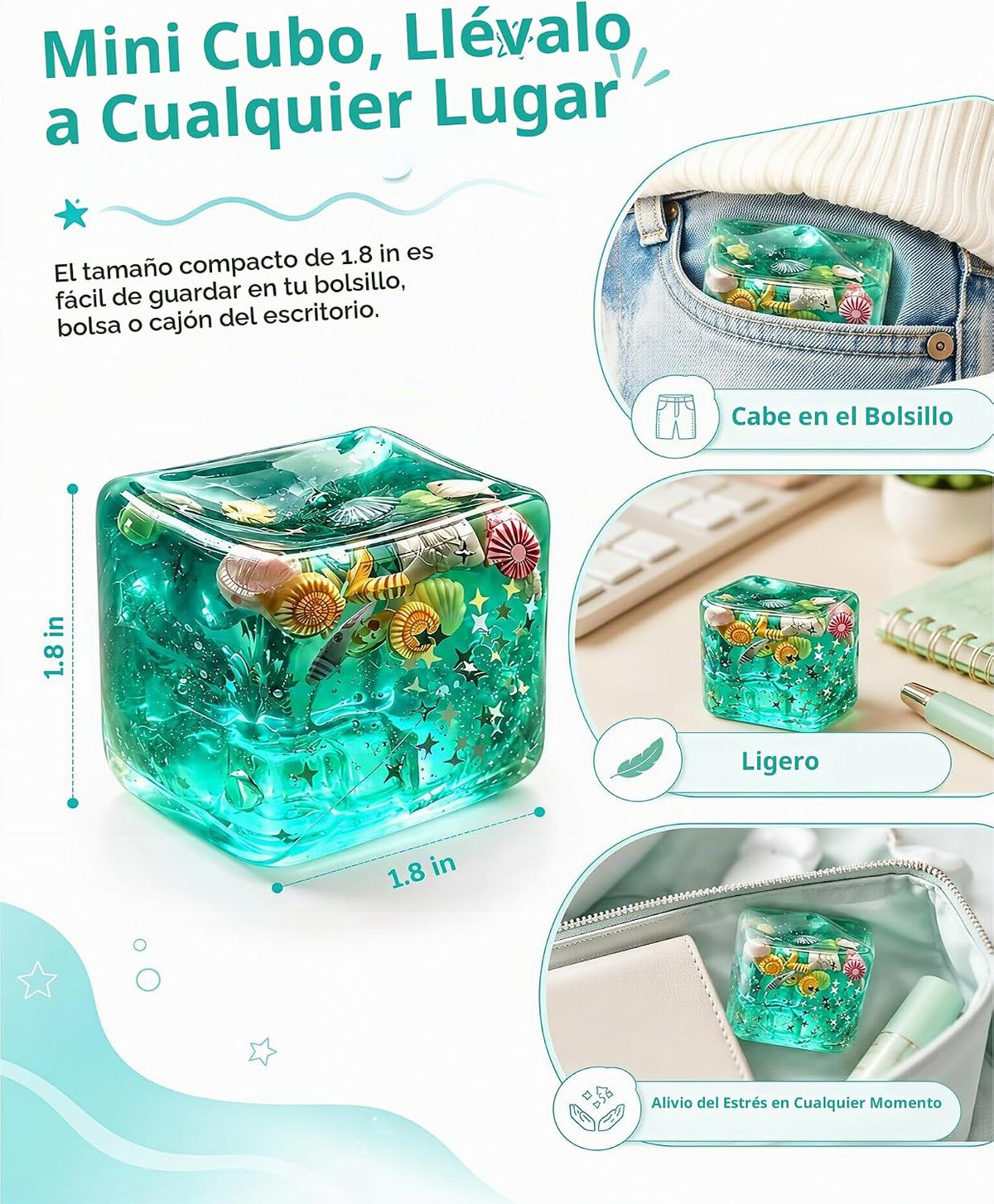 2 bolas antiestrés de cubo verde, juguetes blandos con conchas de o...