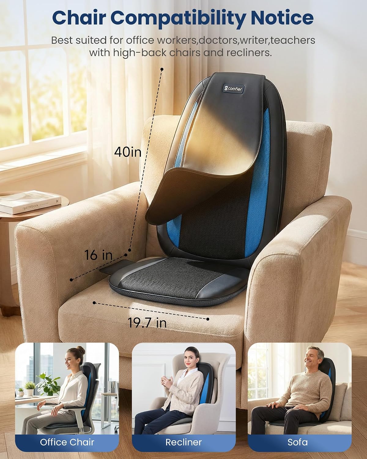 COMFIER - Masajeador de espalda Shiatsu con calor, almohadilla masa...