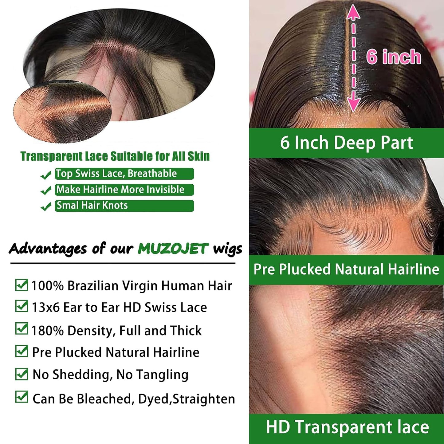 Pelucas de encaje frontal 13x6 de pelo humano prediseñado, densidad...