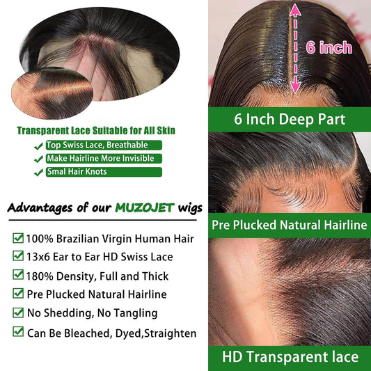 Pelucas de encaje frontal 13x6 de pelo humano prediseñado, densidad...