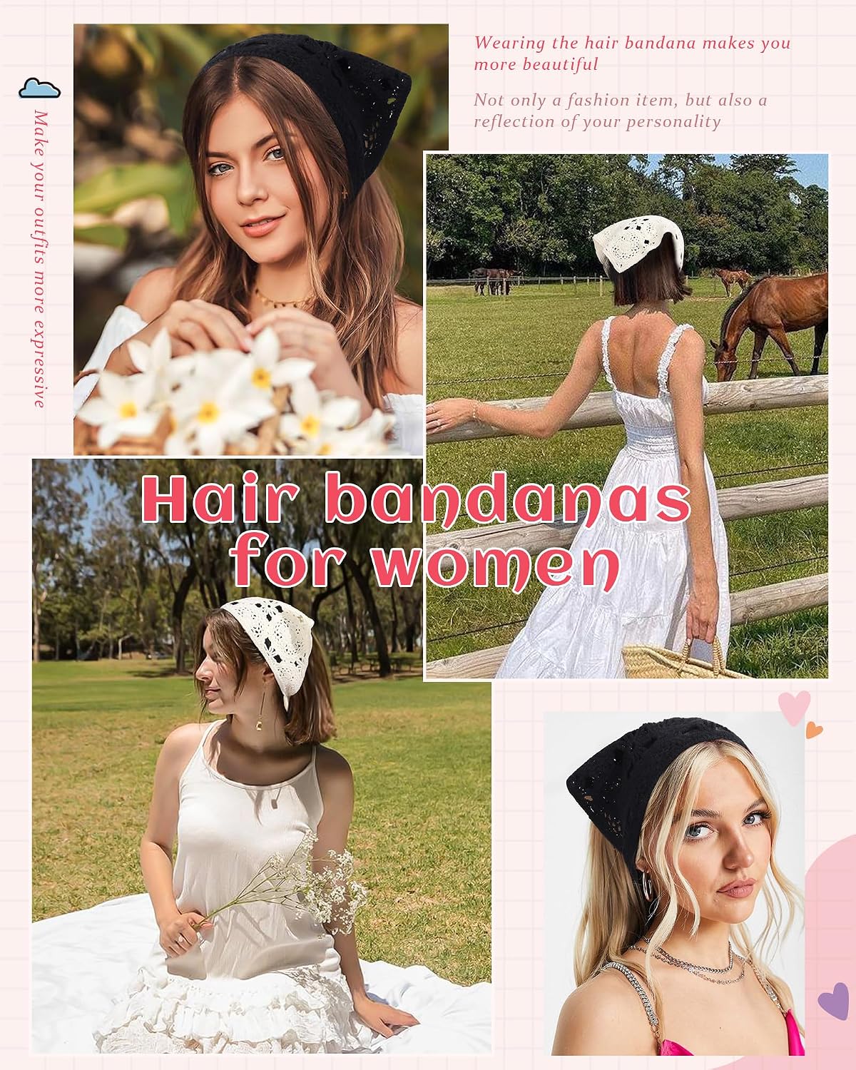 HAIMEIKANG Pañuelo floral de ganchillo para el cabello, 2 unidades,...