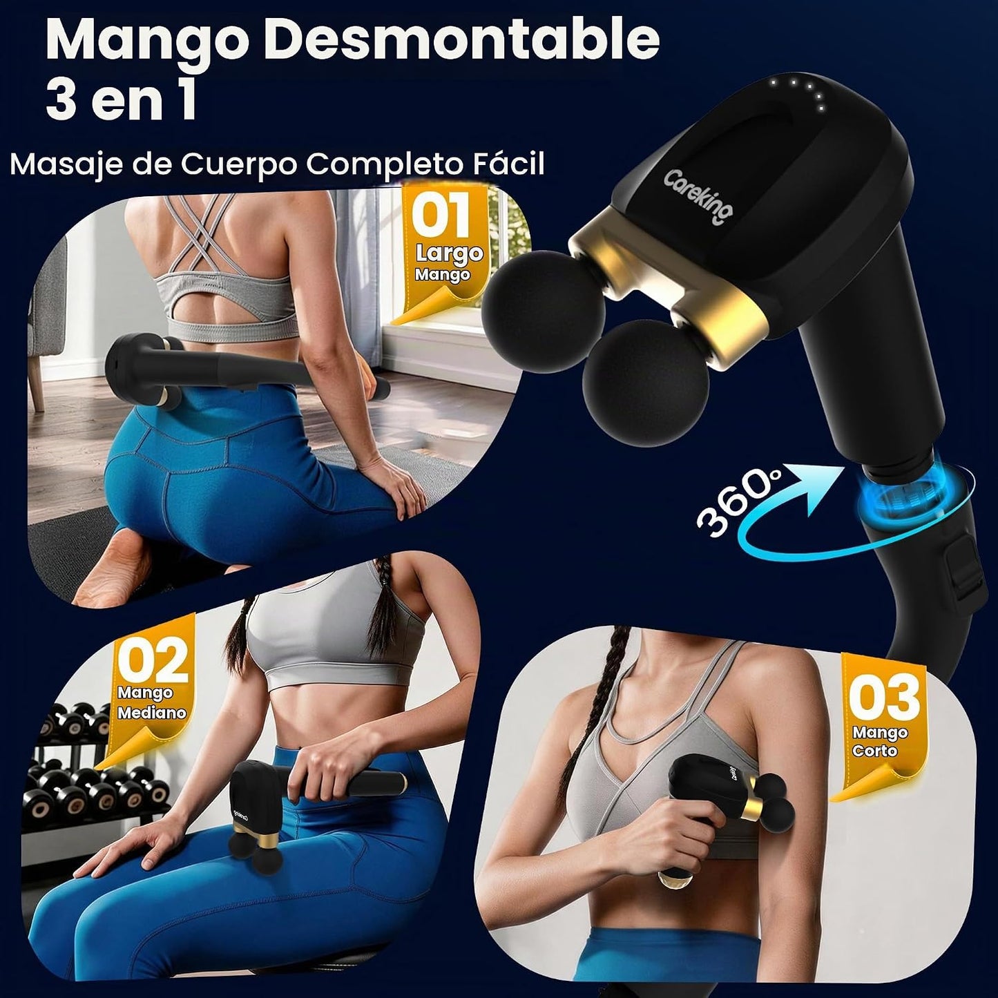 Pistola de masaje 3 en 1 con mango largo desmontable, masajeador de...