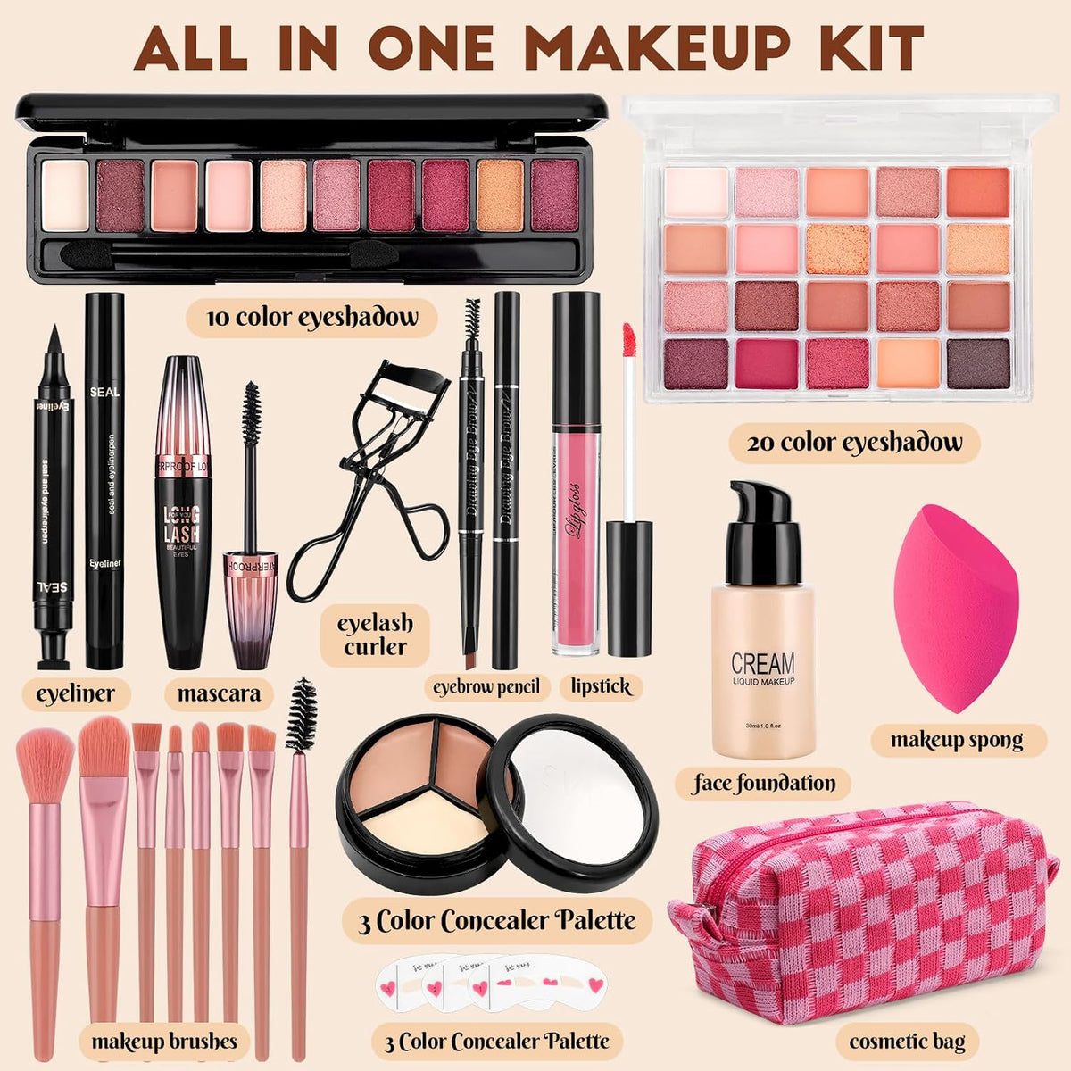 El kit de maquillaje para mujer incluye base, sombra de ojos, lápiz...